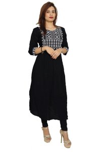 Four petals flower pearl embroided straight Kurti for Womens/ girls (black kurti)- Made up of Rayon and designed for you plesant and comfy