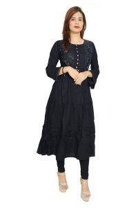 Black flowers- buttons embroided straight Kurti for Womens/ girls (black kurti)- Made up of Rayon and designed for you plesant and comfy
