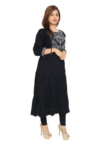 Karenji shaped designs embroided straight Kurti for Womens/ girls (black kurti)- Made up of Rayon and designed for you plesant and comfy