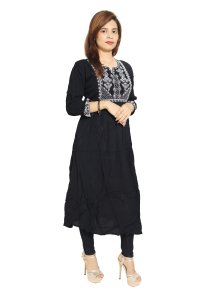 Five petal leaves embroided straight Kurti for Womens/ girls (black kurti)- Made up of Rayon and designed for you plesant and comfy