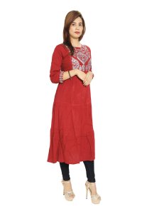 Karenji designed embroided straight Kurti for Womens/ girls (Red)- Made up of Rayon and designed for you plesant and comfy