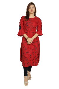 Black lined flower embroided straight Kurti for Womens/ girls (Red)- Made up of Rayon and designed for you plesant and comfy