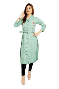 Red flower embroided straight Kurti for Womens/ girls (Green Kurti) - Made up of Rayon and designed for you plesant and comfy