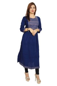 Curved straight lines embroided straight Kurti for Womens/ girls (Blue)- Made up of Rayon and designed for you plesant and comfy