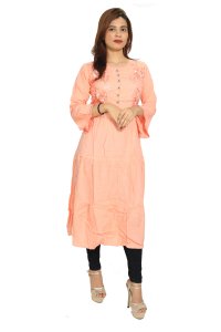 Orange flowers embroided with 7 buttons straight Kurti for Womens/ girls (Peach Colour Kurti) - Made up of Rayon and designed for you plesant and comfy