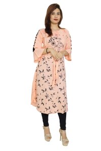 Black feather printed embroided straight Kurti for Womens/ girls (Peach Colour Kurti) - Made up of Rayon and designed for you plesant and comfy