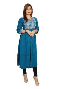 Flower pearl embroided straight kurti for womens / girls (Sky blue kurti) - Made up of Rayon and designed for you plesant and comfy