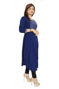 Blue white curved squares embroided straight kurti for womens / girls  (Navy Blue kurti) - Made up of Rayon and designed for you plesant and comfy