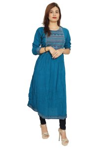 Curved lines embroided straight kurti for womens / girls (Sky blue kurti) - Made up of Rayon and designed for you plesant and comfy
