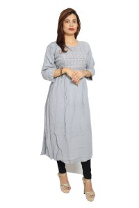 Flowers with pearl embroided straight Kurti for Womens/ girls (Grey)- Made up of Rayon and designed for you plesant and comfy