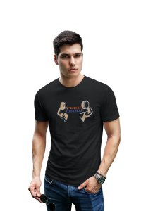 Push Yourself, (BG Blue and Orange), Round Neck Gym Tshirt (Black Tshirt) - Clothes for Gym Lovers - Suitable for Gym Going Person - Foremost Gifting Material for Your Friends and Close Ones