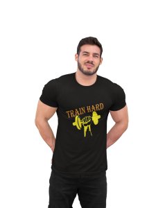 Train Hard, (BG Orange and Yellow), Round Neck Gym Tshirt (Black Tshirt) - Clothes for Gym Lovers - Suitable for Gym Going Person - Foremost Gifting Material for Your Friends and Close Ones