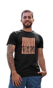 Gym Written in Front of a Flag,(BG Orange), Round Neck Gym Tshirt (Black Tshirt) - Clothes for Gym Lovers - Suitable for Gym Going Person - Foremost Gifting Material for Your Friends and Close Ones
