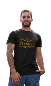 Fitness Gym, 2 Dashes (BG Golden), Round Neck Gym Tshirt (Black Tshirt) - Clothes for Gym Lovers - Suitable for Gym Going Person - Foremost Gifting Material for Your Friends and Close Ones