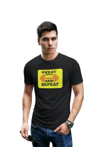 Sweat, Smile And Repeat, (BG Yellow), Round Neck Gym Tshirt (White Tshirt) - Clothes for Gym Lovers - Foremost Gifting Material for Your Friends and Close Ones
