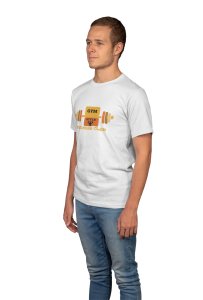 Gym Style, Fitness Club, (BG Orange and Yellow), Round Neck Gym Tshirt (White Tshirt) - Clothes for Gym Lovers - Suitable for Gym Going Person - Foremost Gifting Material for Your Friends and Close Ones