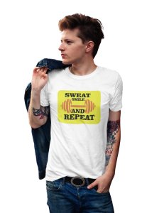 Sweat, Smile And Repeat, (BG Yellow), Round Neck Gym Tshirt (White Tshirt) - Clothes for Gym Lovers - Suitable for Gym Going Person - Foremost Gifting Material for Your Friends and Close Ones
