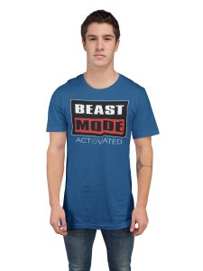 Beast Mode Activated, (BG Black and Red), Round Neck Gym Tshirt (Blue Tshirt) - Clothes for Gym Lovers - Suitable for Gym Going Person - Foremost Gifting Material for Your Friends and Close Ones