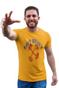 Lift Heavy, Crossed Dumbles, Round Neck Gym Tshirt (Yellow Tshirt) - Clothes for Gym Lovers - Suitable for Gym Going Person - Foremost Gifting Material for Your Friends and Close Ones