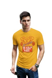 The Gym Is My Happy Place, (BG Red) Round Neck Gym Tshirt (Yellow Tshirt) - Clothes for Gym Lovers - Suitable for Gym Going Person - Foremost Gifting Material for Your Friends and Close Ones