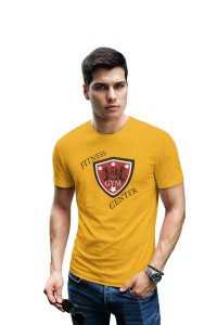 Fitness Center, (BG Red Shield), Round Neck Gym Tshirt (Yellow Tshirt) - Clothes for Gym Lovers - Suitable for Gym Going Person - Foremost Gifting Material for Your Friends and Close Ones