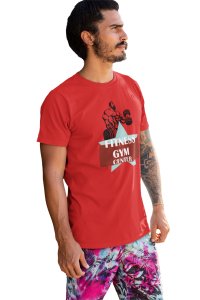 Fitness Gym Center, (BG Blue and Cherry), Round Neck Gym Tshirt (Red Tshirt) - Clothes for Gym Lovers - Suitable for Gym Going Person - Foremost Gifting Material for Your Friends and Close Ones
