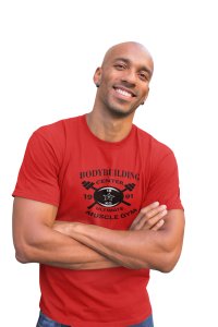 Bodybuilding Center, Ultimate Muscle Gym, (BG Black), Round Neck Gym Tshirt (Red Tshirt) - Clothes for Gym Lovers - Suitable for Gym Going Person - Foremost Gifting Material for Your Friends and Close Ones