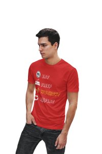 Eat, Sleep, Workout, Repeat, (BG White and Yellow), Round Neck Gym Tshirt (Red Tshirt) - Clothes for Gym Lovers - Foremost Gifting Material for Your Friends and Close Ones