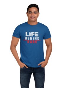 Life Behind Bars, Round Neck Gym Tshirt (BG Blue, Red) (Blue Tshirt) - Clothes for Gym Lovers - Suitable for Gym Going Person - Foremost Gifting Material for Your Friends and Close Ones