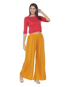 N-Gal Rayon Women's Wide Leg Elastic Waist Band Breathable Plain Palazzo Pant_Mustard