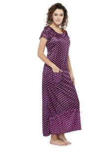 N-Gal Women's Satin Half Sleeves Polka Dot Nighty Night Dress Nightwear_Purple