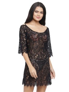 N-Gal Women's Polyester Lace Knee Length Bridal Short Nighty Night Gown Nightwear with G-String_Black