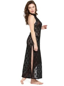 N-Gal Women's Polyester See-Thru Side Slit Lace Gown Night Dress with G-String_Black