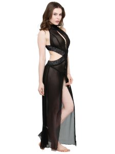 N-Gal Women's Polyester Lace Keyhole Neck Gown with G-String_Black