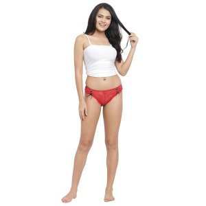 N-Gal Women's Sheer Lace Adjustable Waist Seamless Underwear Lingerie Briefs Panty_Red