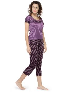 N-Gal Women's Satin Short Sleeves Polka Dot Print Top Pyjama Set Nightwear Nightsuit_Purple