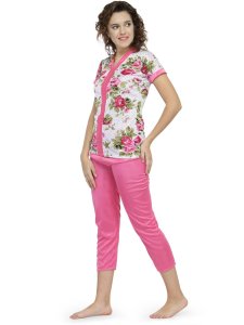 N-Gal Women's Satin Short Sleeves Floral Print Top Pyjama Set Nightwear Nightsuit_Pink