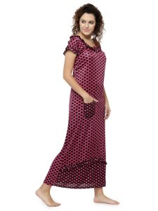 N-Gal Women's Satin Half Sleeves Polka Dot Nighty Night Dress Nightwear_Rose Red