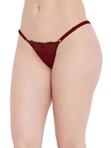 N-Gal Women's Sheer Lace Cut Out Adjustable Waist Band G-String Thong Panty_Maroon