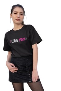 Corgi Mom-printed family themed cotton blended half-sleeve t-shirts made for women (black)