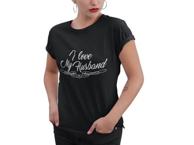 My husband-printed family themed cotton blended half-sleeve t-shirts made for women (black)