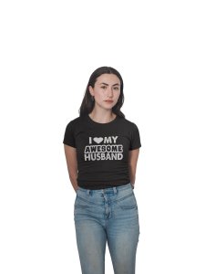 Husband-printed family themed cotton blended half-sleeve t-shirts made for women (black)