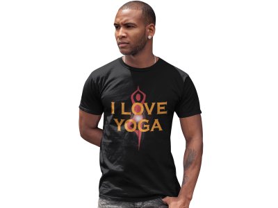 I Love Yoga, Red Lady Doing Yogasan, (Text Yellow), Round Neck Tshirt - Clothes for Yoga Lovers - Suitable For Regular Yoga Going People - Foremost Gifting Material for Your Friends and Close Ones