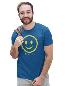 Simple Smile -Yellowish Outline Printed T-shirt (Blue) - Clothes for Emoji Lovers - Suitable for Fun Events - Foremost Gifting Material for Your Friends and Close Ones