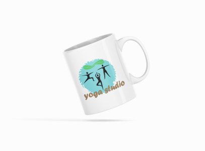 Yoga Studio, 3 Images Dancing, (BG Blue Circle) - Printed Coffee Mugs For Yoga Lovers