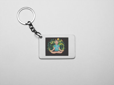 A Young Man - Cartoon - Sitting In Front Of Om Symbol, (BG Green And Yellow)- Printed Acrylic Keychains(Pack Of 2)