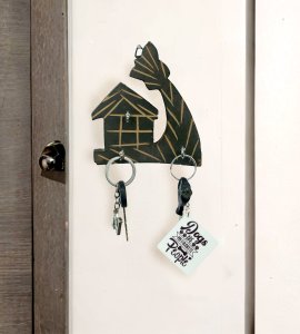 House and tree, wooden hanging keystand / key rack for walls of your home and offices (black)