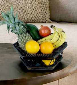 Premium quadrilateral six-sided wooden and wrought iron fruit and vegetable basket/ vessel/ Tokri for kitchen and dining table