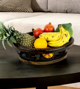 Oval shaped wooden and wrought iron fruit and vegetable Basket/ vessel/ tokri for kitchen and dining table