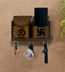 Om and swastika based hanging wooden keystand/ key rack for home and office walls